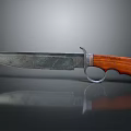 Vintage Combat Knife With Worn Metal Blade Wooden Handle And Metal Ring On Reflective Surface