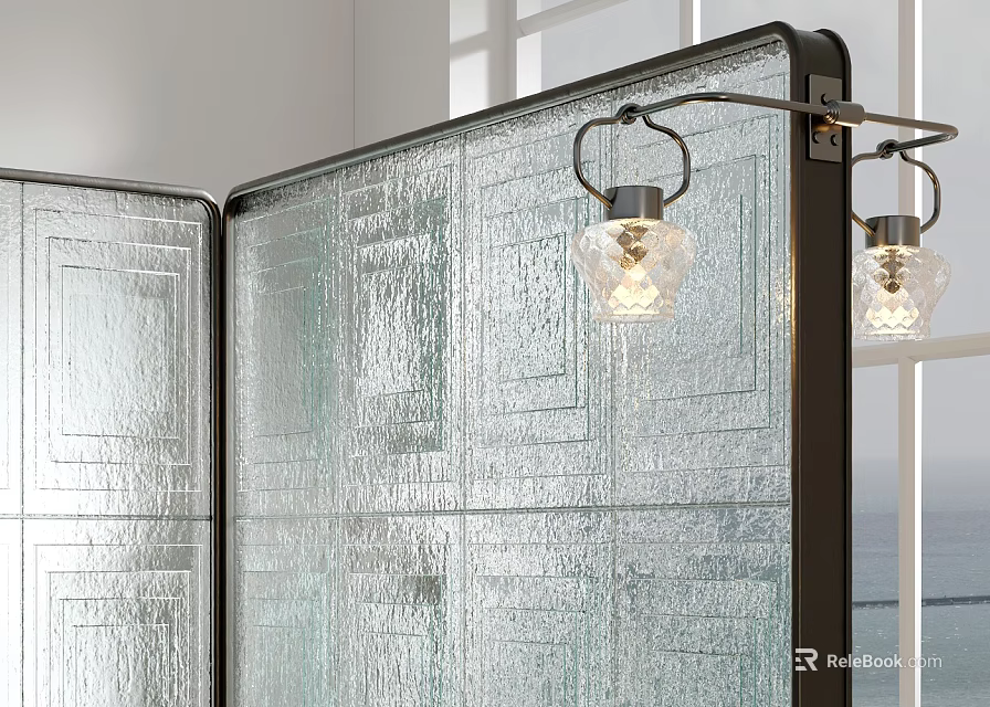 Modern Textured Glass Room Divider With Metal Frame And Decorative Lights 3d model 