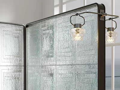 Modern Textured Glass Room Divider With Metal Frame And Decorative Lights 3d model