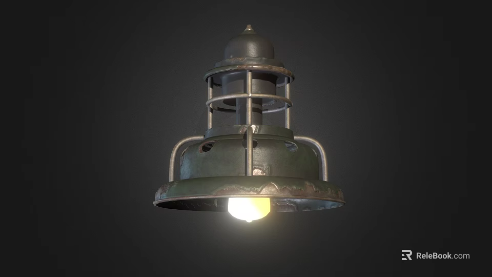 Vintage Industrial Metal Chandelier With Distressed Green Frame And Illuminated Bulb 3d model 