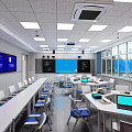Modern School Classroom With Long Tables Laptops Large Screens And Windows For Learning 3d model