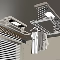 Electric Clothes Drying Racks on Ceiling with Hangers Dress and Gray Top Near Window Blinds