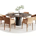 Elegant Round Dining Table Set With Marble Top Black Base And Six Light Brown Chairs 3d model