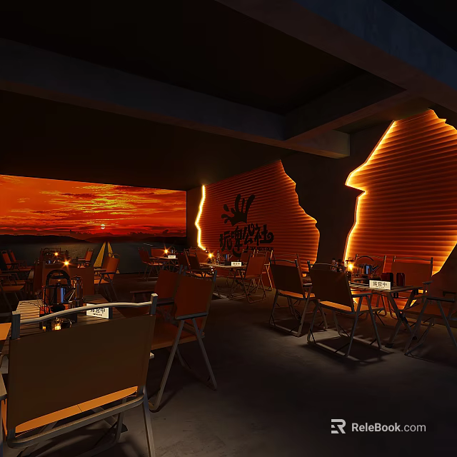Modern Dining Interior With Orange Striped Walls Lighting And Wooden Tables Chairs 3d model 