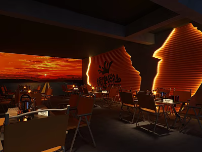 Modern Dining Interior With Orange Striped Walls Lighting And Wooden Tables Chairs 3d model