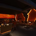 Modern Dining Interior With Orange Striped Walls Lighting And Wooden Tables Chairs