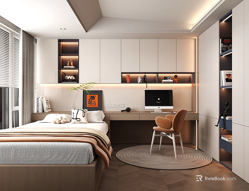Modern Tatami Bedroom Interior Design with Tatami Bed Desk Chair and Lighting Cabinets 3d model 