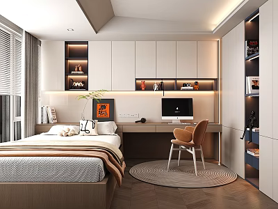 Modern Tatami Bedroom Interior Design with Tatami Bed Desk Chair and Lighting Cabinets 3d model