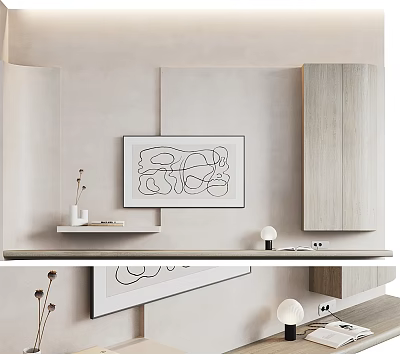 Modern Minimalist TV Background Wall With Line Art Painting And Wooden Cabinet 3d model