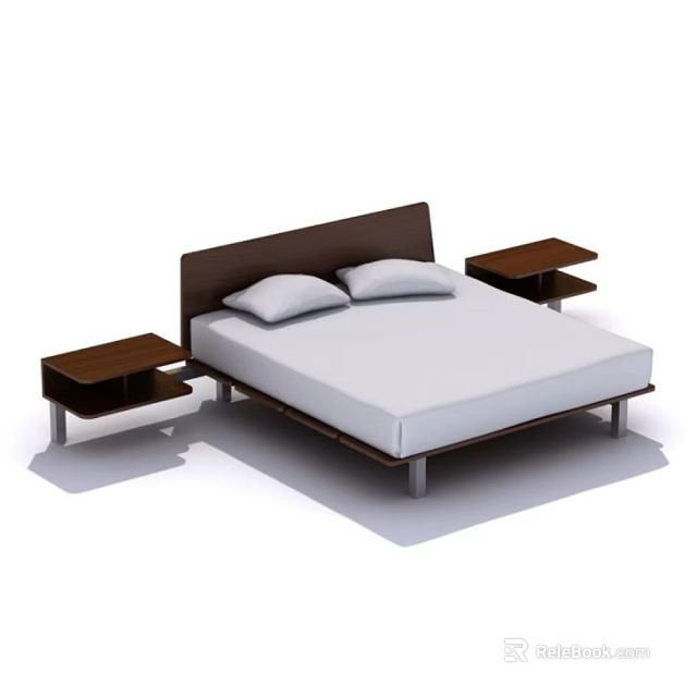 Modern Double Bed With Dark Wood Headboard White Mattress Two White Pillows And Side Nightstands 3d model 