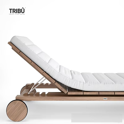 Modern Reclining Lounge Chair With Wooden Frame And White Cushion On Wheels 3d model