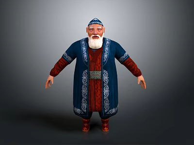 Elderly Man in Blue Robe Red Inner White Beard Blue Hat Ornate Belt Red Shoes 3d model