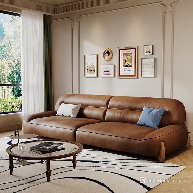 Cozy Living Room With Brown Leather Sofa White Blue Cushions Round Glass Coffee Table Wall Art 3d model 