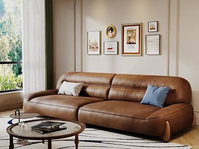 Cozy Living Room With Brown Leather Sofa White Blue Cushions Round Glass Coffee Table Wall Art 3d model