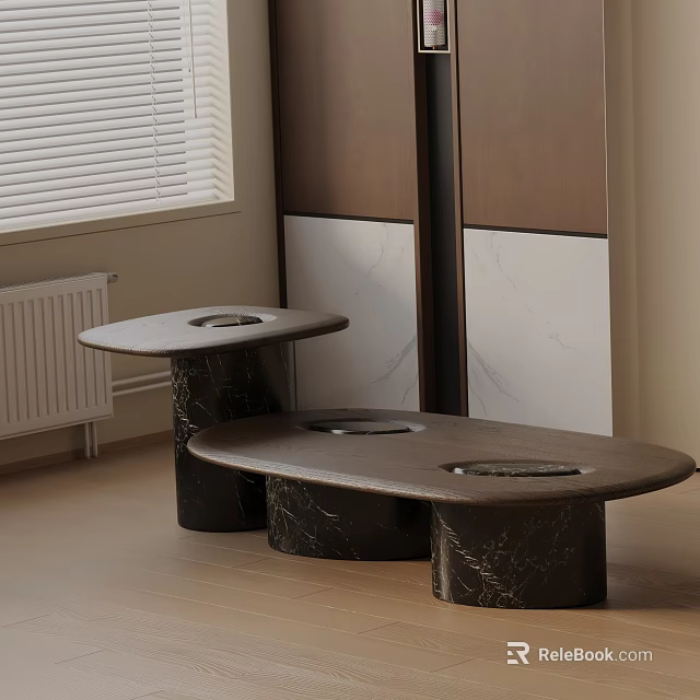 Modern Sofa Coffee Table Set With Marble Top Round Cutouts In Contemporary Living Room 3d model 