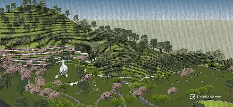 Park Landscape With Rolling Hills Lush Trees Cherry Blossoms Lawn Winding Paths And White Statue 3d model 