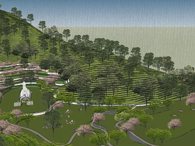 Park Landscape With Rolling Hills Lush Trees Cherry Blossoms Lawn Winding Paths And White Statue 3d model