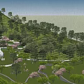 Park Landscape With Rolling Hills Lush Trees Cherry Blossoms Lawn Winding Paths And White Statue