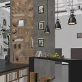 Stylish Modern Lounge Area With Creative Wooden Storage Shelves And Industrial Pendant Lights