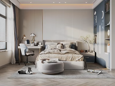 Bright Kids Room Interior Design With Bed Desk And Moon Star Wall Decor 3d model