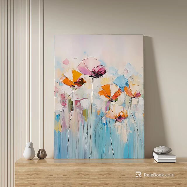 Abstract Oil Painting Featuring Pink Orange Poppies With Soft Blue Background 3d model 