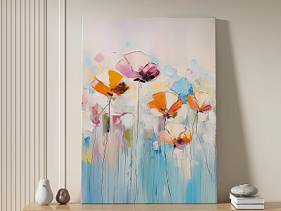 Abstract Oil Painting Featuring Pink Orange Poppies With Soft Blue Background 3d model
