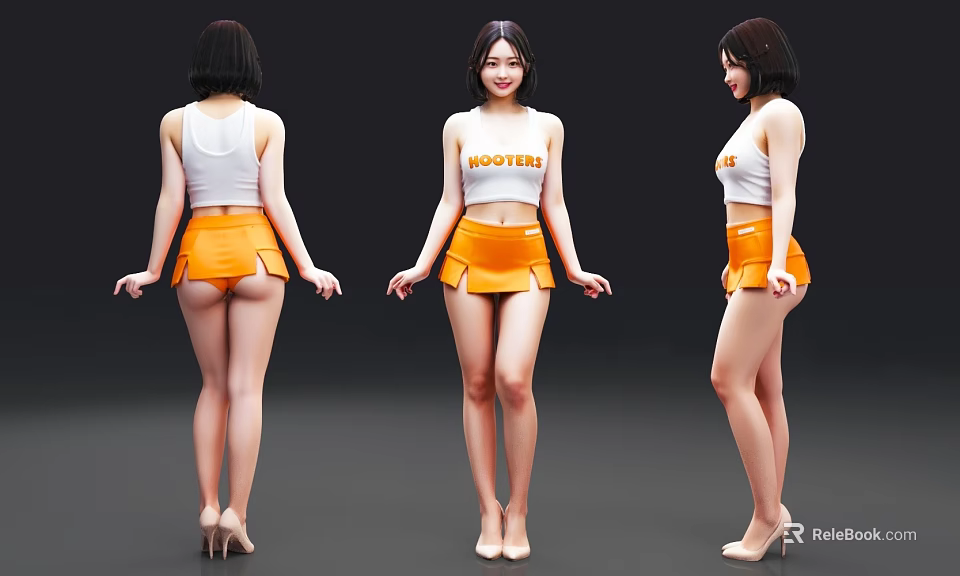 Elegant Woman in White Tank Top and Orange Skirt with ROOSTER Print and High Heels 3d model 