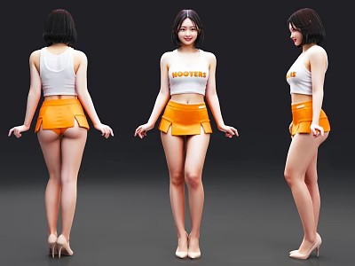 Elegant Woman in White Tank Top and Orange Skirt with ROOSTER Print and High Heels 3d model