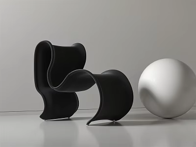 Modern Black Single Chair With Unique Curved Design Alongside White Sphere In Minimalist Gray Background 3d model
