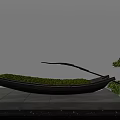 Boat Shaped Garden Ornament With Green Moss And Trimmed Pine Tree On Stone Platform