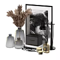 Decorative Ornament Set With Pampas Grass Framed Artwork Table Lamp Diffuser And Candles 3d model