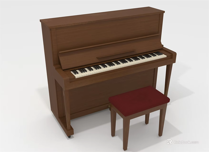 Wooden Brown Piano and Art Supplies in Creative Studio with Red Cushioned Stool 3d model 