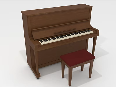 Wooden Brown Piano and Art Supplies in Creative Studio with Red Cushioned Stool 3d model