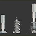 Modern Architectural Models Featuring High Rise Buildings With Unique Glass Facades And Spiral Structures