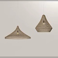 Woven Conical Pendant Lights in Brown with Glowing Bulbs Hanging Against Dark Wall