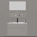 Modern Bathroom Vanity With White Cabinet Lighted Mirror Black Faucet And Toiletries On Shelf