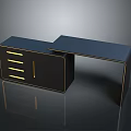 Modern Black Storage Cabinet With Gold Trim Drawers And Reflective Surface
