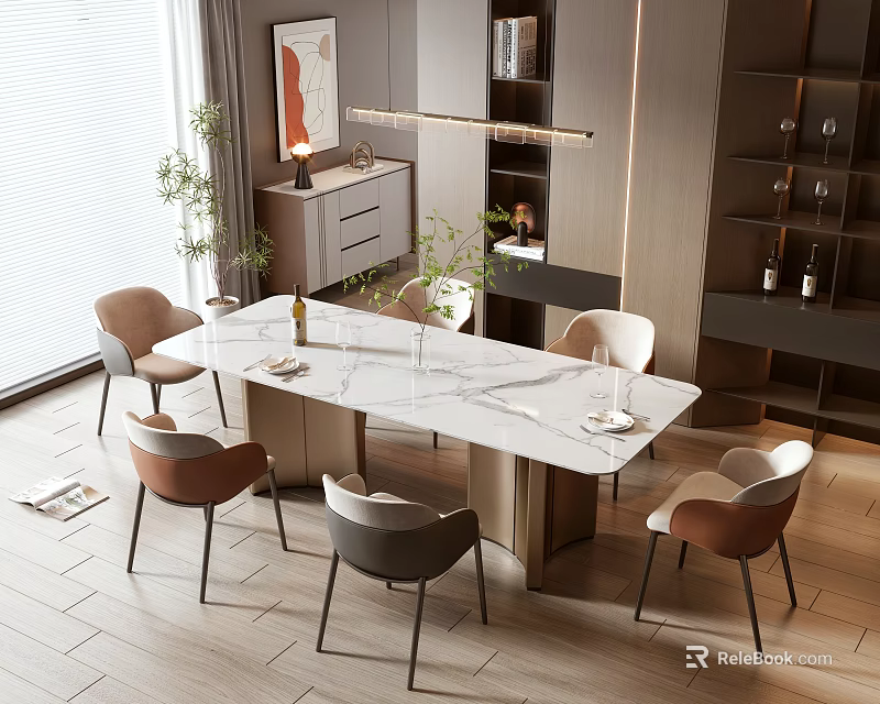 Modern Dining Table And Chairs Set With Marble Top And Upholstered Chairs In Neutral Tones 3d model 