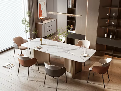 Modern Dining Table And Chairs Set With Marble Top And Upholstered Chairs In Neutral Tones 3d model