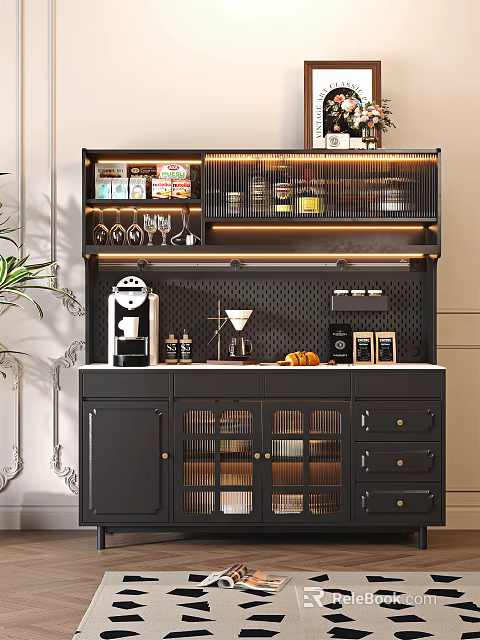 Elegant Black Sideboard With Glass Doors Drawers Coffee Accessories Wine Glasses And Lighting 3d model 