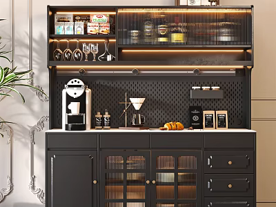 Elegant Black Sideboard With Glass Doors Drawers Coffee Accessories Wine Glasses And Lighting 3d model