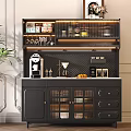 Elegant Black Sideboard With Glass Doors Drawers Coffee Accessories Wine Glasses And Lighting