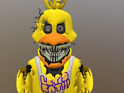 Yellow Duck Like Horror Game Character With Sharp Teeth Purple Eye And Lets Eat Vest 3d model