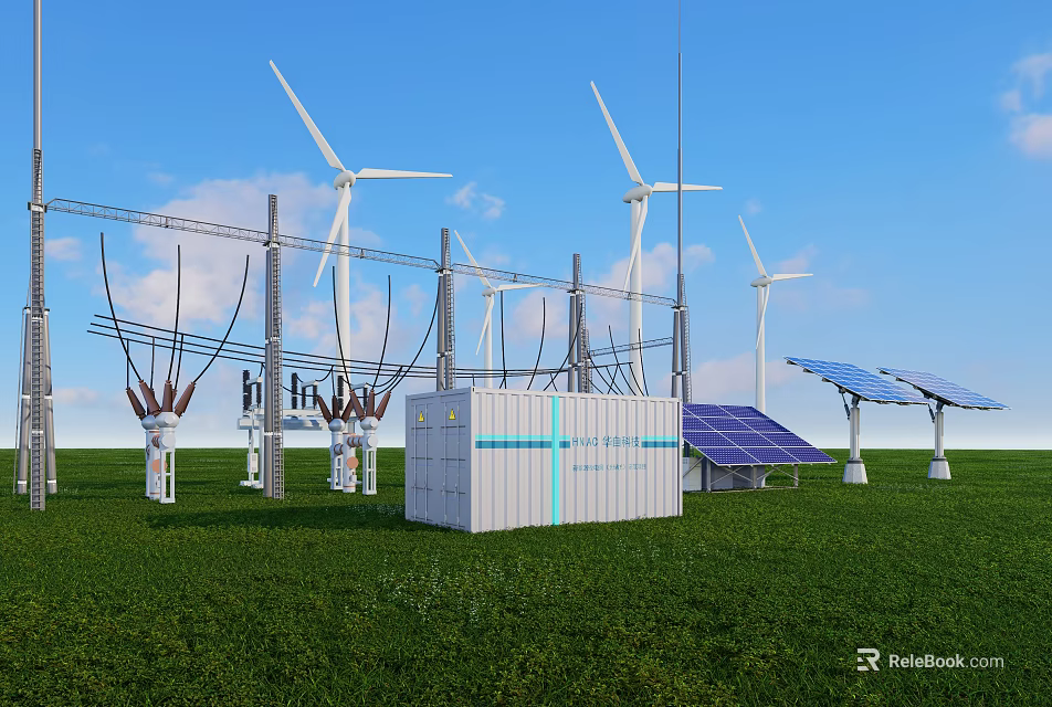Renewable Energy Industrial Equipment with Wind Turbines Solar Panels and Power Distribution Systems 3d model 