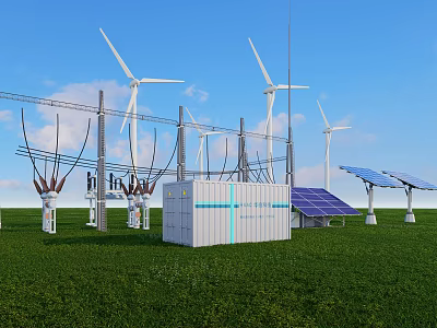 Renewable Energy Industrial Equipment with Wind Turbines Solar Panels and Power Distribution Systems 3d model