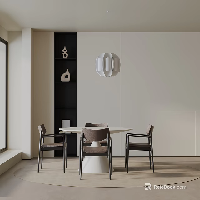 Modern Dining Table Set with White Table Four Chairs Black Shelf and Pendant Light 3d model