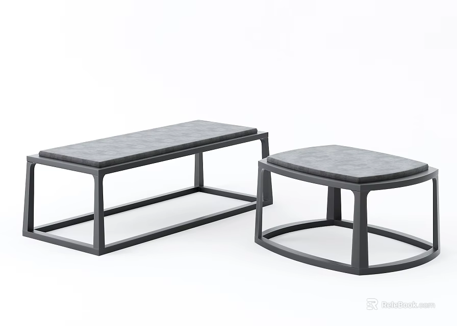 Modern Rectangular and Oval Sofa Stools with Black Frame Gray Surface 3d model