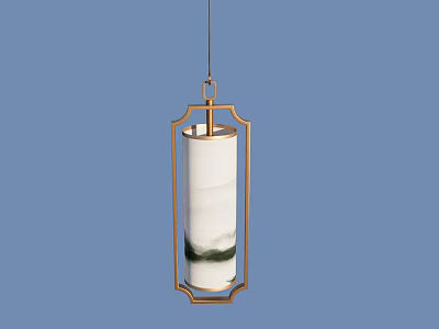 Elegant Gold Metal Frame Pendant Light With White Cylindrical Marble Shade Design 3d model