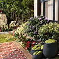 Beautiful Courtyard Garden With Lush Green Wall Colorful Plants And Decorative Stone Path