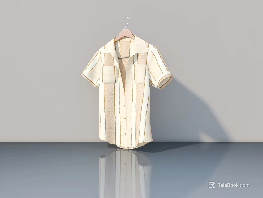 Short Sleeved Striped Shirt Hanging On Wooden Hanger With Grey Wall Background And Floor Reflection 3d model 